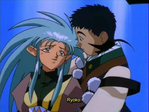 Tenchi holds Zero-Ryoko and has a tender moment, thinking this is the real Ryoko.